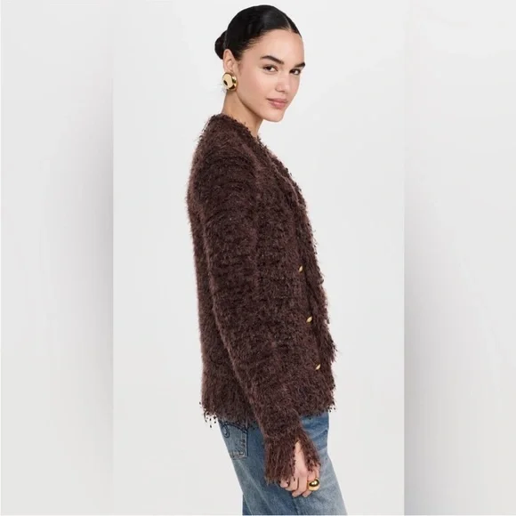 L'AGENCE Chocolate Brown Fuzzy Jacket with Gold Logo Tag - Picture 2 of 6